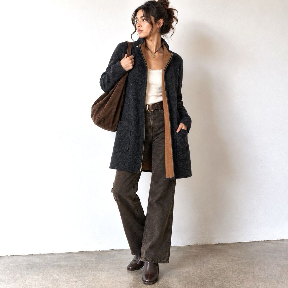 100% Cashmere Double Face Coat Cardigan M Charcoal Camel Zip Jacket Quiet Luxury